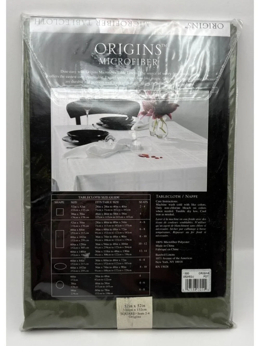 Origins Microfiber Tablecloth 52 Inch Square Sage Green Spill-Proof Dining